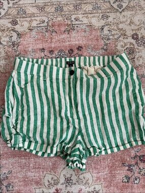 J. Crew Green & White Vertical Stripe High-Waist Linen Shorts